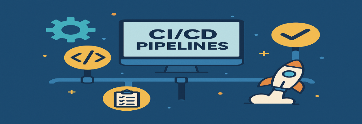 ci/cd pipeline image depicting a rocket, some gears, a code symbol and some checklists